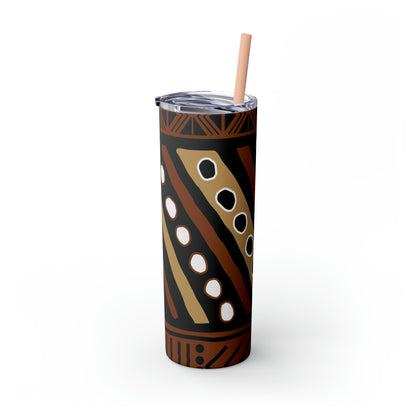 20 oz Brown & Tan Mud Cloth Print Skinny Tumbler with Straw