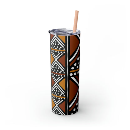 20 oz Brown & Black Mud cloth Print Skinny Tumbler with Straw