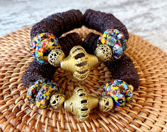Asante Krobo Sugar Crust Glass Beads Ashanti Brass Bracelet
