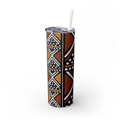 20 oz Brown & Black Mud cloth Print Skinny Tumbler with Straw