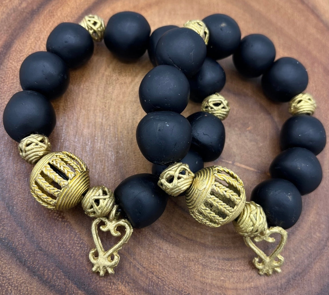 Sankofa Adinkra Charm Glass Beads Brass Bracelet