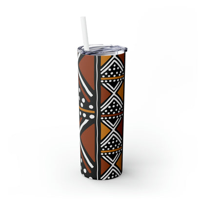 20 oz Brown & Black Mud cloth Print Skinny Tumbler with Straw