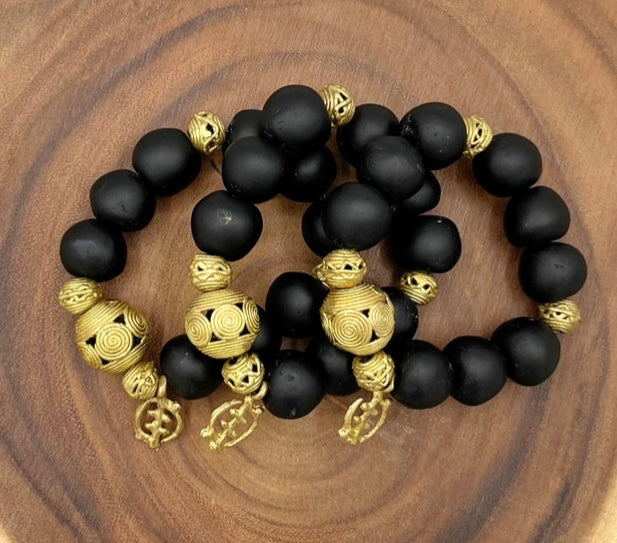 Gye Nyame Adinkra Charm Glass Beads Brass Bracelet
