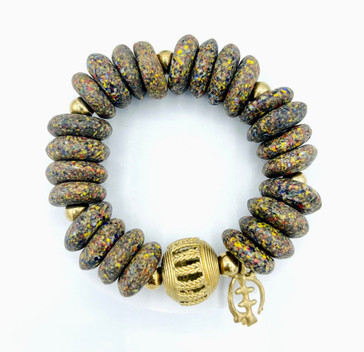GyeNyame Adinkra Charm Recycled Glass Beads Brass Bracelet