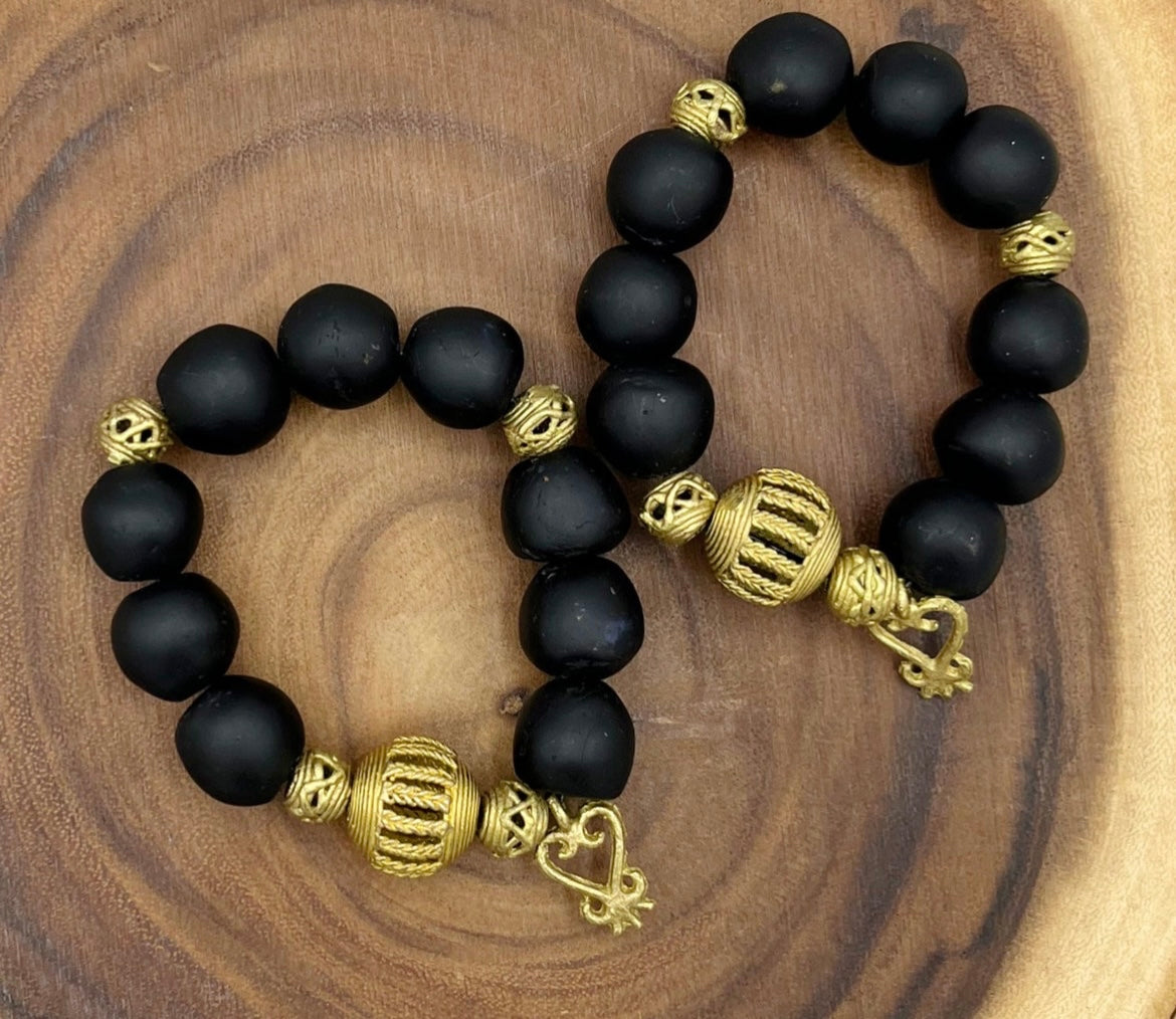 Sankofa Adinkra Charm Glass Beads Brass Bracelet
