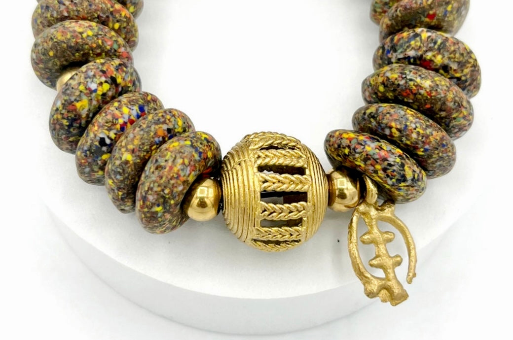 GyeNyame Adinkra Charm Recycled Glass Beads Brass Bracelet