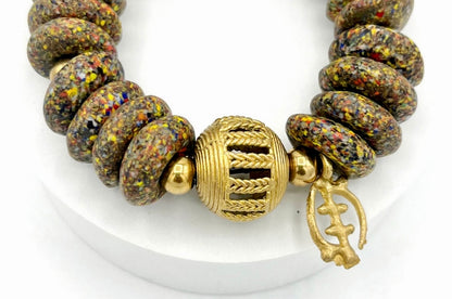 GyeNyame Adinkra Charm Recycled Glass Beads Brass Bracelet