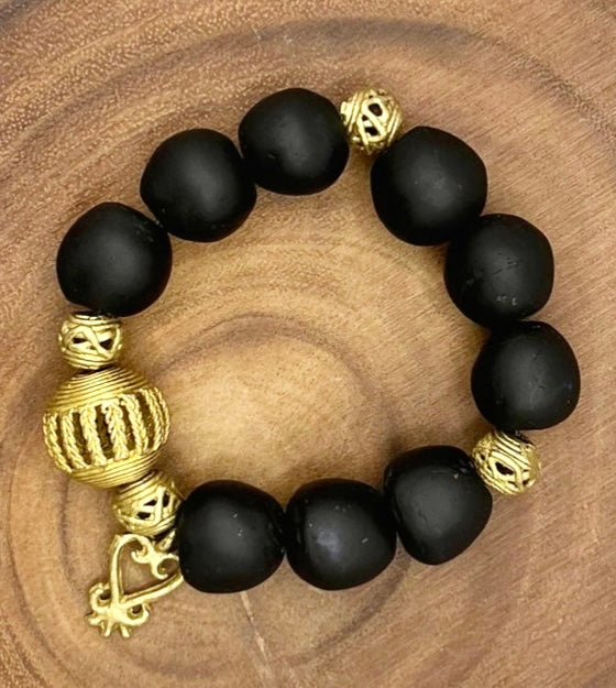 Sankofa Adinkra Charm Glass Beads Brass Bracelet