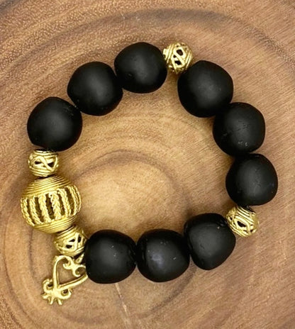 Sankofa Adinkra Charm Glass Beads Brass Bracelet