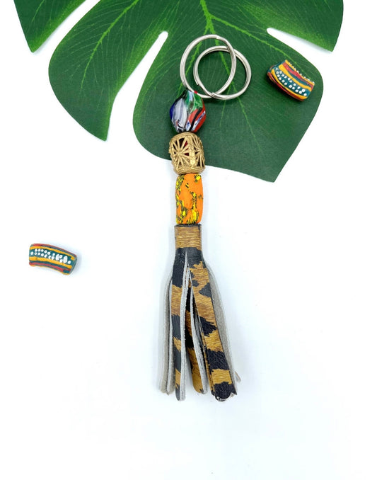 Elubo Recycled Beads Brass Leather Keychain