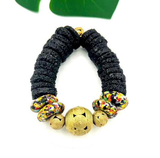 Adinkrahene Recycled Glass Beads Brass Bracelet